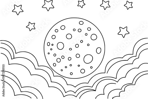 Black and white outline of a full moon with craters surrounded by stars and clouds