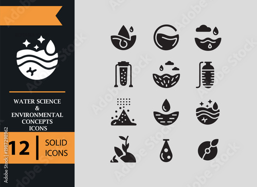 Water Science Solid Icons Environmental Concept Design Set