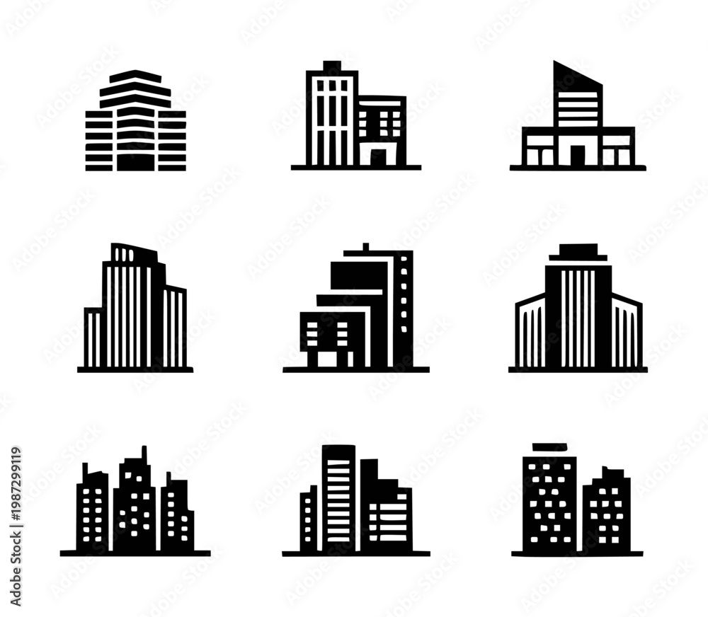 Fototapeta premium Collection of black building representing diverse architectural styles and cityscapes
