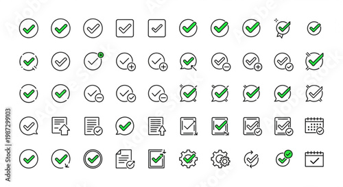 A collection of various green checkmark icons on white background