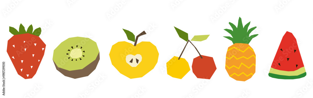 Fototapeta premium Collection of stylized geometric fruits and berries with flat paper cutout texture