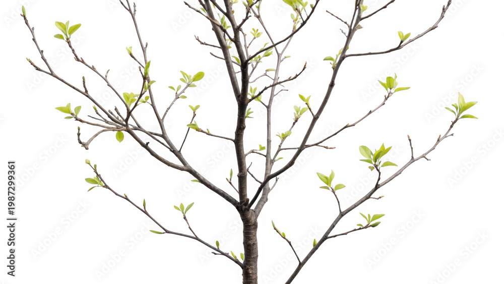 Fototapeta premium Bare tree branches with new green leaves growing as isolated element