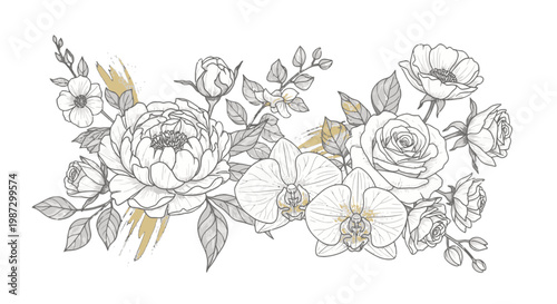 Black and White Floral Arrangement with Gold Accents on Black Background Keywords: floral arrangement, black and white, gold