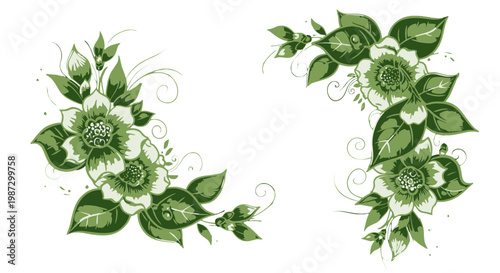 Green Floral Corner Accents with Leaves and Swirls on Transparent Background flowers buds