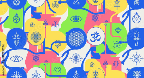Esoteric Symbols and Sacred Geometry Pattern - Om, Ankh, Eye, Flower of Life