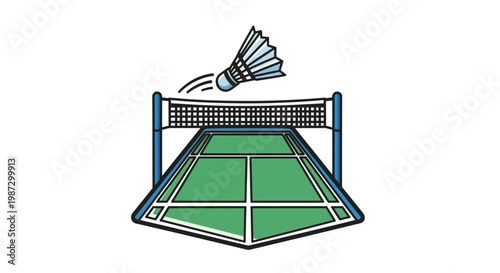 Badminton court with shuttlecock in flight.