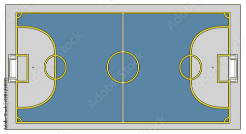 A blue and yellow soccer field diagram.