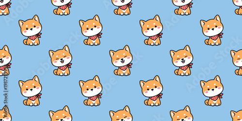 Seamless pattern of cute kawaii shiba inu with a scarf sitting cartoon, vector illustration