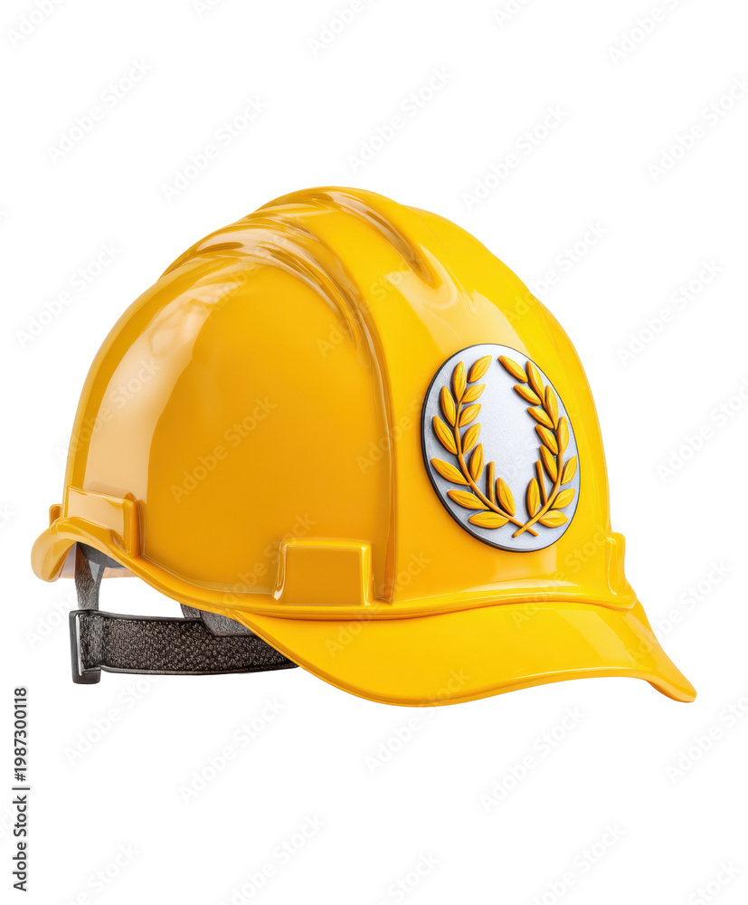 Fototapeta premium Hard hat with laurel badge worn by safety worker on construction site conveying pride and confidence