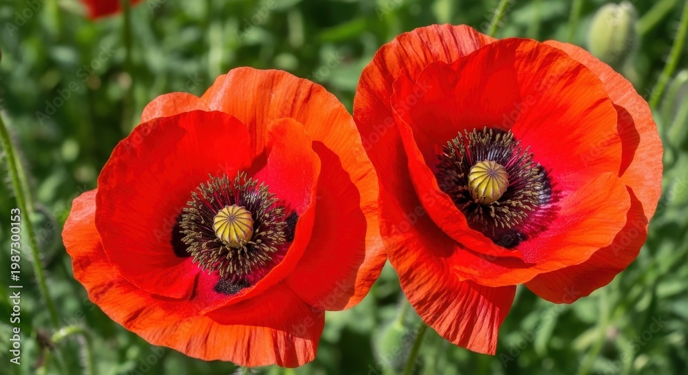 Obraz premium Two vibrant red poppy flowers blooming in a meadow with a soft green blurred background setting