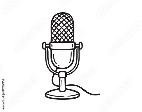 Retro microphone on stand for podcast, metal grille vintage style, cable trailing, studio vibe, voice recording scene, content creation, broadcast energy, home studio setup, sound capture, creator