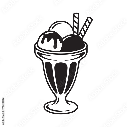 Black and white illustration of an ice cream sundae in a glass