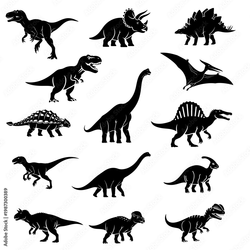 Obraz premium A captivating collection of diverse prehistoric dinosaur silhouettes, showcasing a variety of ancient reptiles from the Mesozoic Era, perfect for educational and creative projects