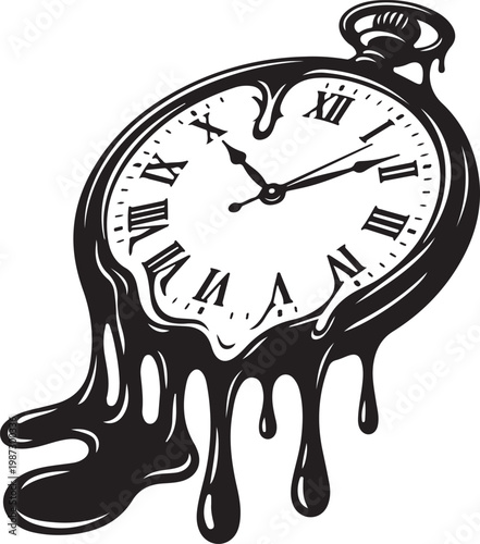 Melting pocket watch with roman numerals symbolizing time passing or distortion numerals distortion abstract illustration metaphor dripping silhouette monochrome
