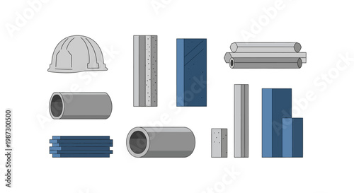 Construction Materials Set with Hard Hat, Steel Pipes, Metal Beams, and Concrete Blocks. Industrial Vector Illustration Isolated on White Background.