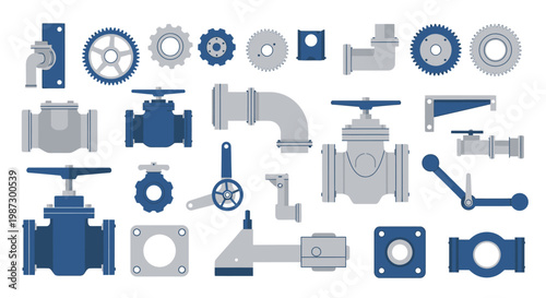 Industrial Plumbing and Mechanical Components Set: Valves, Gears, Pipes, and Fittings Vector Illustration