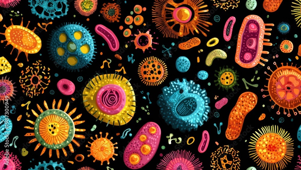 Fototapeta premium Colorful, detailed microscopic world of diverse microorganisms on a black background