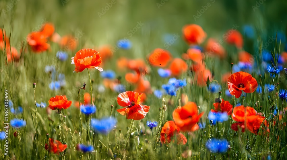 Obraz premium Vibrant meadow scene red poppies blue cornflowers gentle breeze sunny spring landscape cheerful floral color harmony