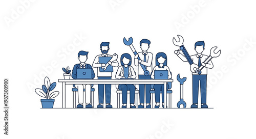 Technical Support Team and IT Professionals with Wrenches and Laptops, Business Problem Solving and Software Maintenance Concept Illustration