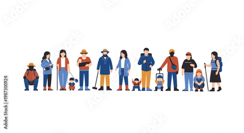 Flat Vector Illustration of Diverse People Group, Travelers, Hikers, and Tourists Isolated on White Background