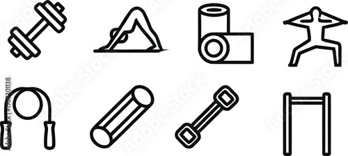 Fitness and gym equipment icon set featuring dumbbell yoga poses jump rope and resistance band in minimalist line art.
