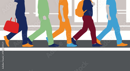 Diverse group of people walking together across a city street crosswalk, urban commuters, daily life.