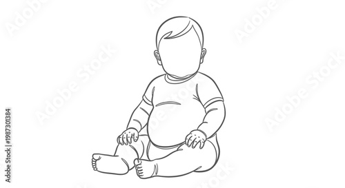 Calm Baby Sitting Comfortably and Looking Forward, One Line Art on Isolated White Background