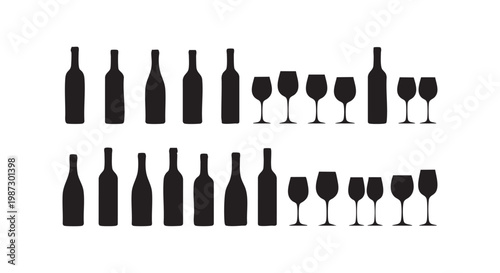Various wine bottle and glass silhouettes set for beverage menu design icons isolated collection on plain white background.