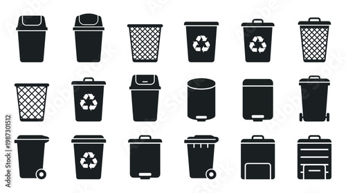 Collection of various trash can and garbage bin silhouettes in solid black style on white background, concept for waste management system, environmental sustainability and urban cleaning interface