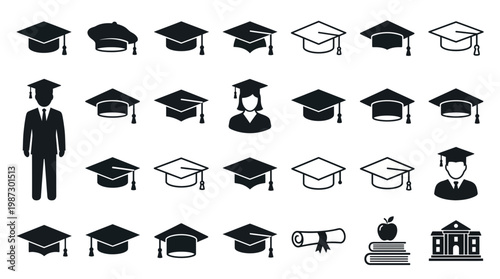 Collection of graduation icons featuring mortarboards and professional business executive silhouettes in suits on white background, concept for academic success, career growth and certification