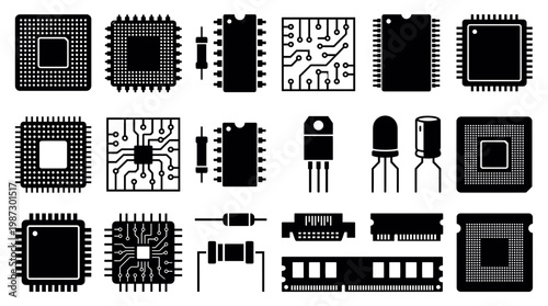Various black electronic component silhouettes including microchips circuit boards and RAM modules on white background, concept for hardware engineering, tech manuals and hardware design