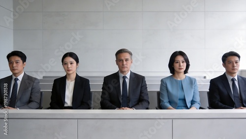 Five formally dressed individuals seated in a row