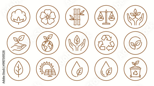 Set of brown linear eco icons featuring recycling symbols, solar energy, organic plants and sustainable materials, concept for environmental care, sustainable branding and green marketing