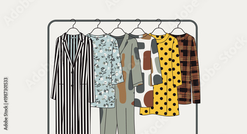 A fashion illustration of a suit and dress on clothes hangers in a business shop featuring silhouettes of people and a stylish vector jacket