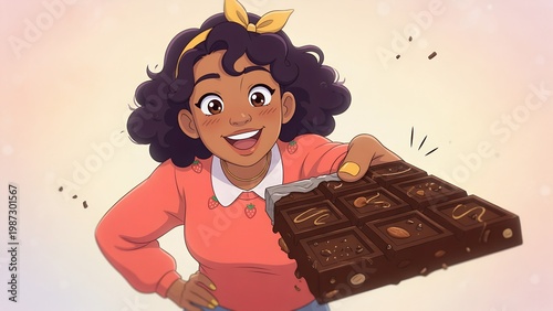 Joyful Cartoon Girl Holding Large Chocolate Bar