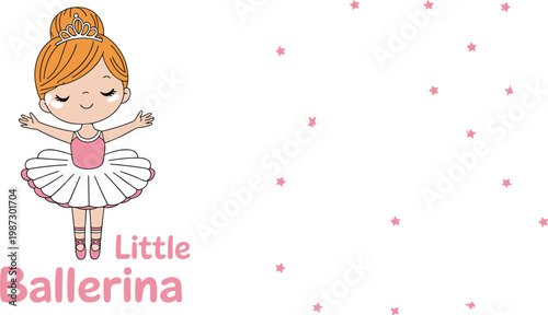 Little ballerina girl wearing pink tutu and tiara dancing with magic stars around her isolated on white background.