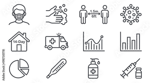 Set of coronavirus prevention icons for office manager safety including face mask and charts, concept for healthcare infographic, pandemic safety and medical presentation