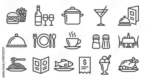 Minimalist restaurant and food thin line icons collection featuring dining, cooking and catering elements on white background, concept for menu design, restaurant branding and food service marketing