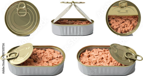 Realistic Canned Tuna Fish Set Showing Closed and Open Tin Cans from Different Angles with Pull Tab Vector Illustration