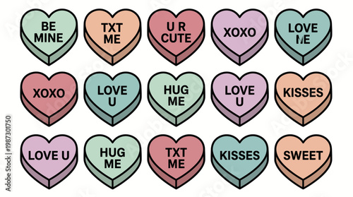 Collection of colorful pastel conversation heart candies with romantic text messages on white background, concept for Valentine's Day card, social media post and romantic gift decoration