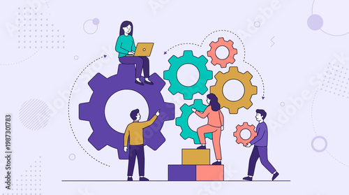 Diverse team of business professionals collaborating to manage complex gear mechanisms, concept for corporate workflow optimization, strategic team cooperation and digital management