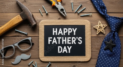 Happy fathers day flat lay with tools and accessories on wooden background