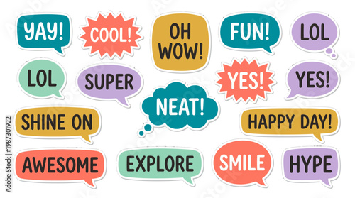 colorful hand drawn speech bubble sticker set with cheerful words and exclamation marks on white background, concept for social media engagement, journal decoration and digital scrapbook elements