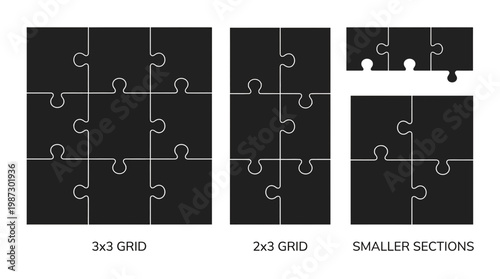 Set of black puzzle piece grids including 3x3 layout, 2x3 grid and smaller sections with white outlines, concept for team collaboration, business strategy and problem solving