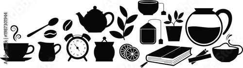 Coffee tea silhouette icons steaming cup beans teapot leaves sugar bowl lemon book cinnamon cozy morning relaxation vector