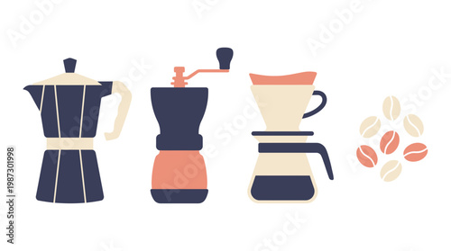 Flat vector illustration of coffee brewing equipment including moka pot grinder and pour over carafe with beans, concept for specialty cafe menu, home barista blog and coffee workshop flyers
