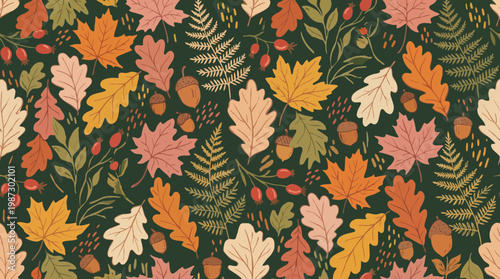 Seamless pattern of hand drawn autumn leaves acorns berries and ferns on dark green background, concept for textile printing, gift wrapping paper and seasonal backgrounds