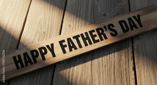 Happy fathers day message on wooden plank on rustic table