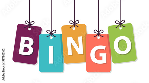 Five colorful hanging tags displaying the word bingo with strings on a plain white background, concept for game promotion, lucky lottery events and casino advertising