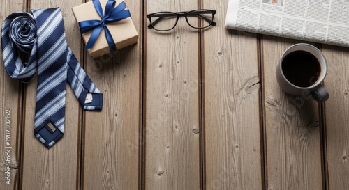 Fathers day concept with tie, gift, glasses, coffee and newspaper on wooden table